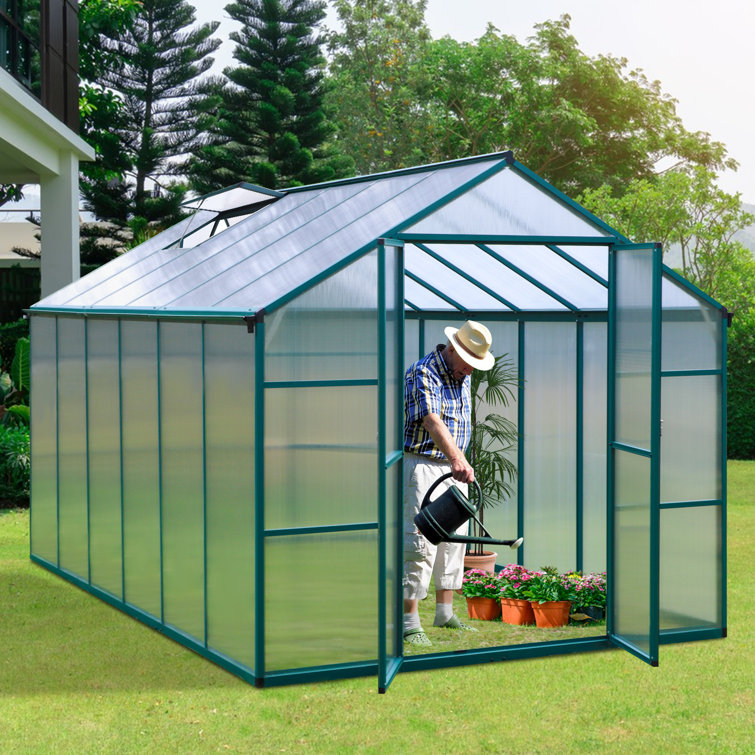 7.8 Ft. W x 11.8 Ft. D Polycarbonate Green Greenhouse with Adjustable Roof  Vent and Rain Gutter